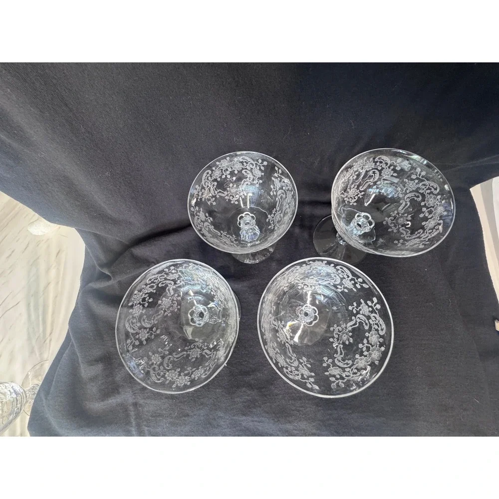 Vintage Etched Crystal Champagne Coupes Set of 4 Floral Scroll Cocktail Glasses